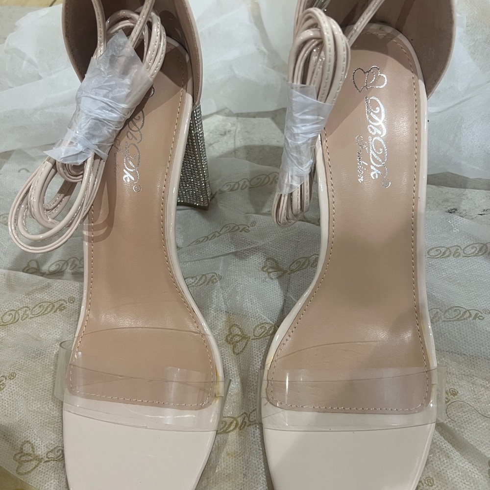 Beige Women's Ankle-Tie Heels with rhinestones